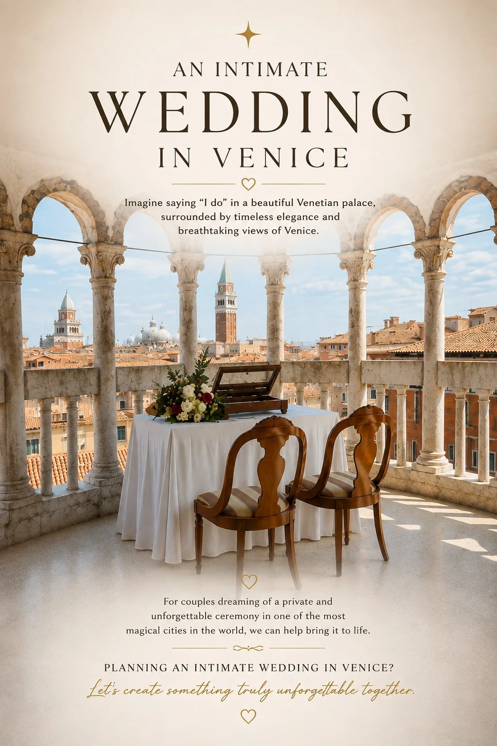 Card reading An Intimate Wedding in Venice, over a photograph of the ceremony table on the open terrace above the city