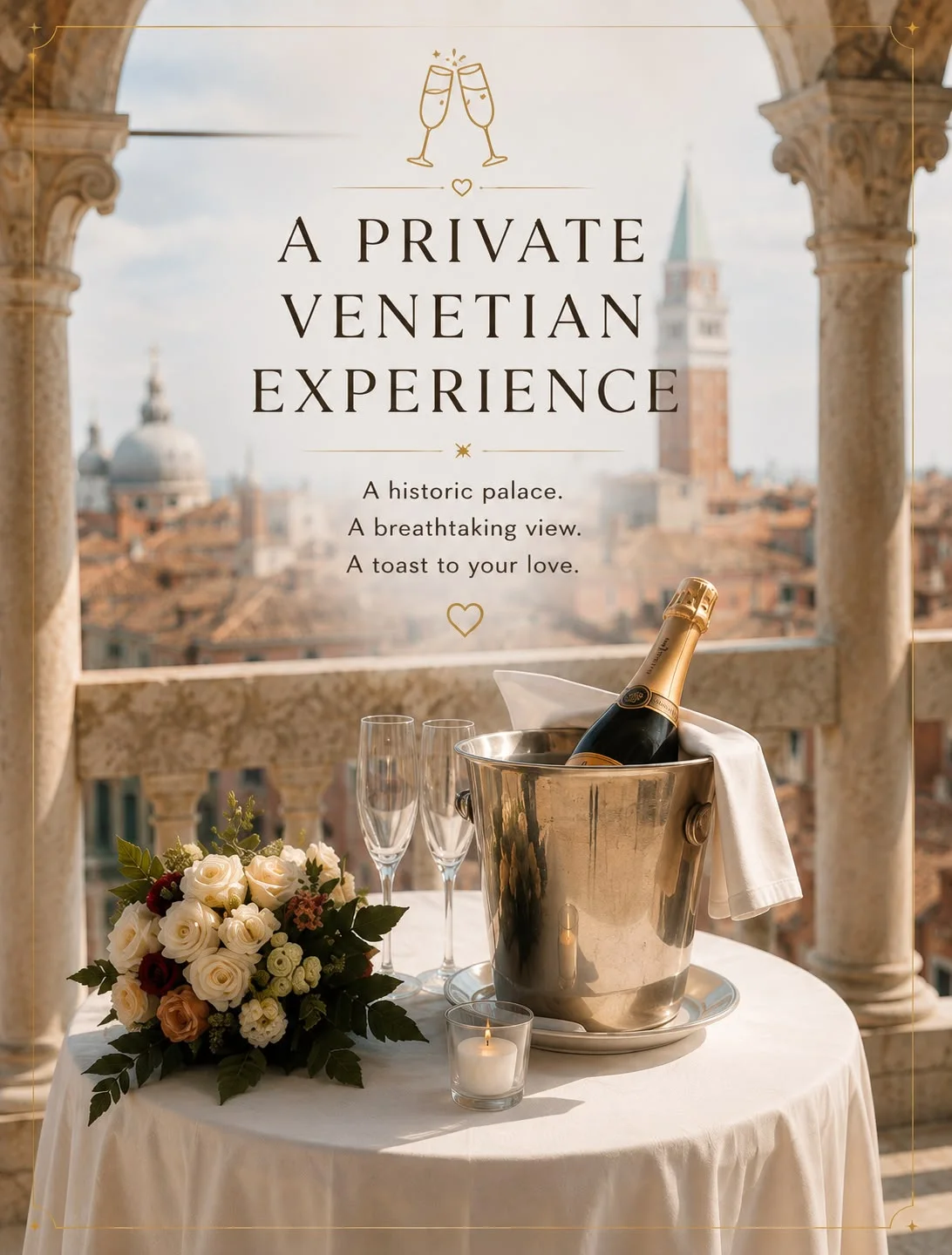 Card reading A Private Venetian Experience, over a photograph of champagne and flowers on a terrace with a view of Venice