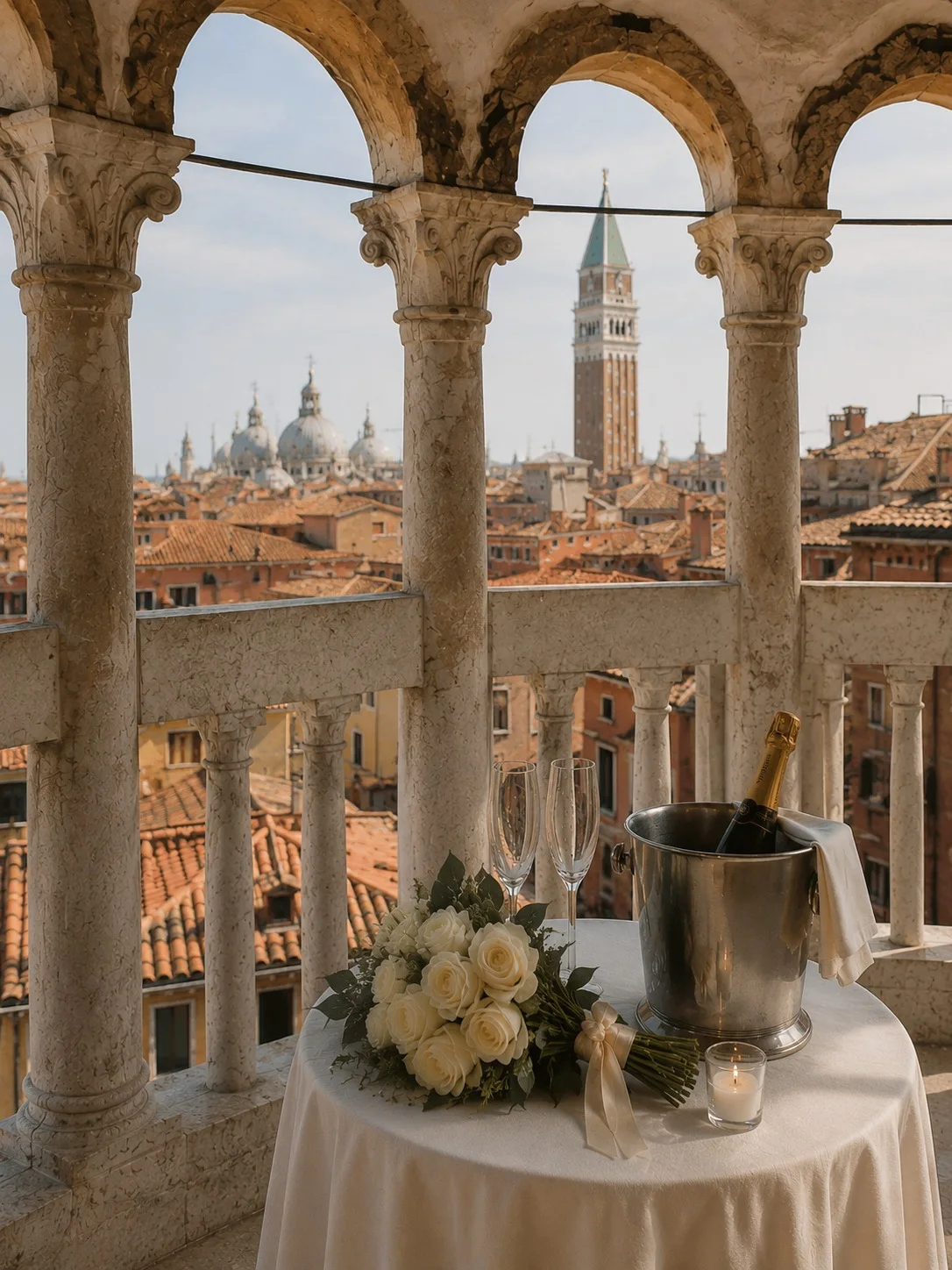 A small round table with a bouquet of white roses, two champagne flutes, a bottle in an ice bucket and a lit candle, framed by stone arches above the city