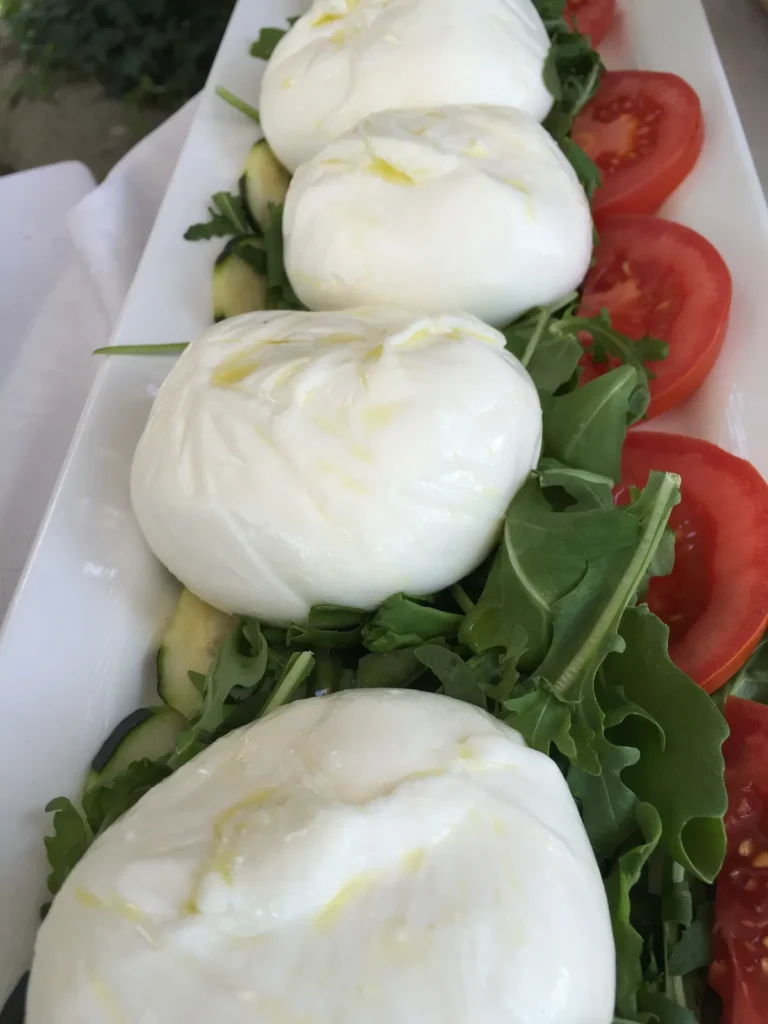 Creamy burrata on a bed of arugula with tomatoes