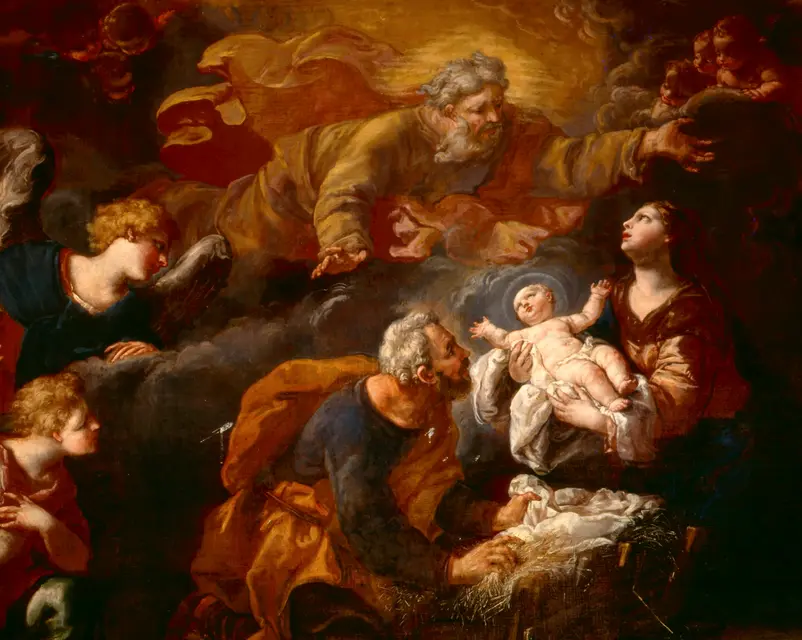 Detail of a Baroque painting with angels and the Holy Family