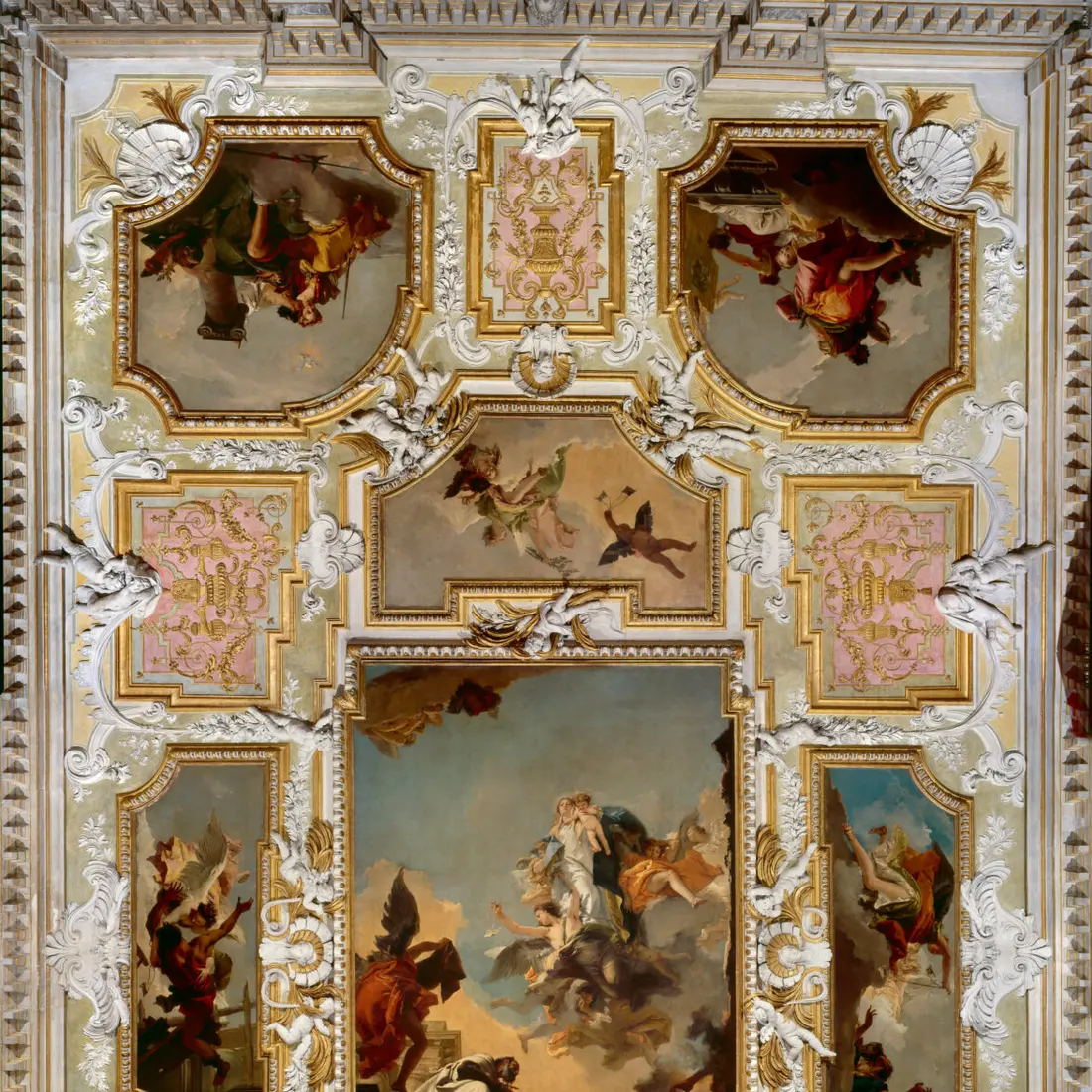 The ceiling of the Chapter Hall, with paintings by Giambattista Tiepolo in gilded stucco frames